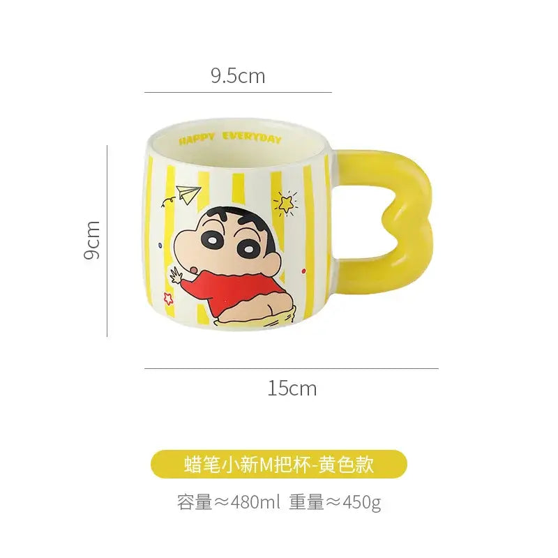 Yellow heart-shaped handle ceramic mug featuring shin chan cartoon with yellow stripes in crayon shin-chan design