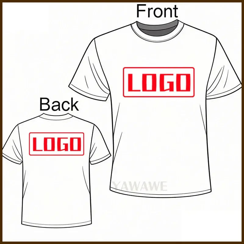 White short sleeve custom graphic tee with bold red rectangular logo on front and back for daily wear
