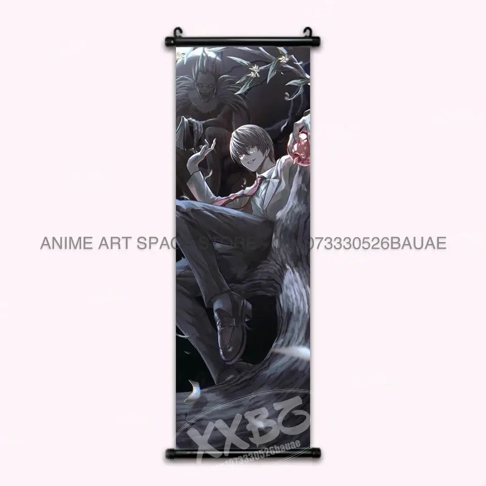 Black and gray death note wall scroll featuring light in formal attire with dark moody ryuk artwork for home decor