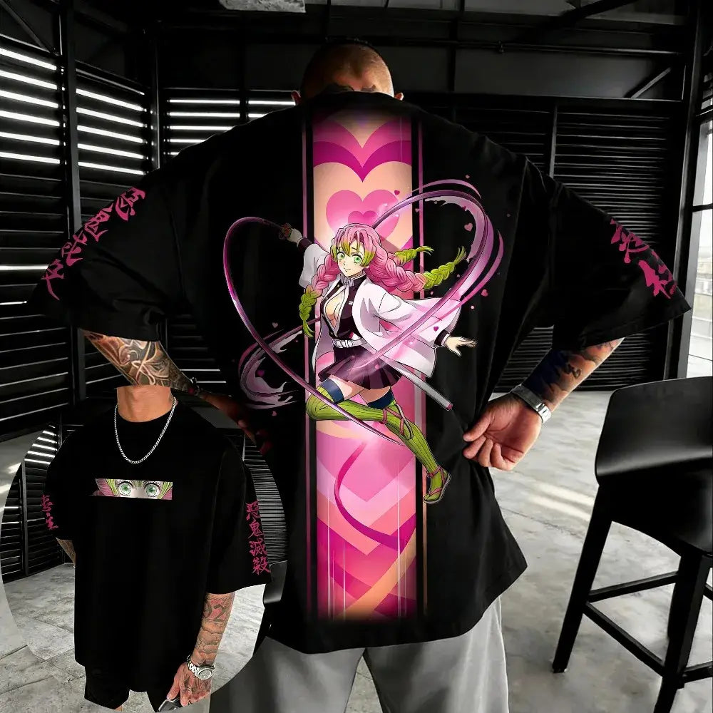 Black oversized cotton t-shirt with vibrant pink and white demon slayer kochou shinobu design on the back
