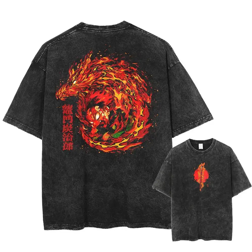 Black distressed pure cotton demon slayer kyoujurou oversized t shirt back with fiery dragon and red japanese characters