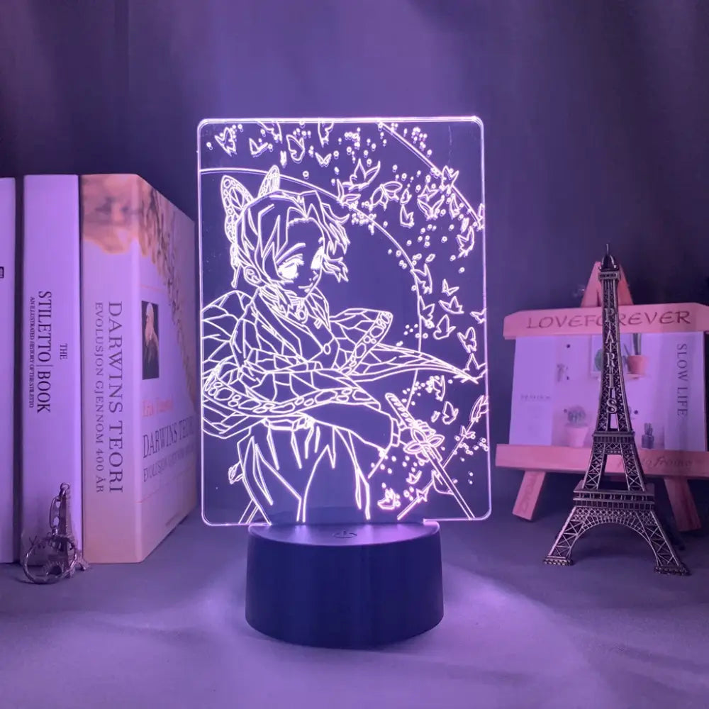 Purple-lit demon slayer mitsuri kanroji 3d led night light with illuminated cat ears and butterfly outline design