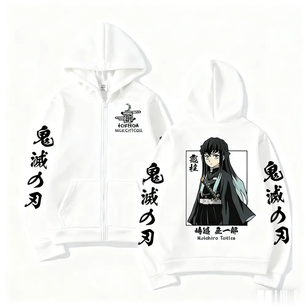 White zip-up hoodie with black and teal demon slayer muichiro tokito anime design and japanese text on front back and sleeves