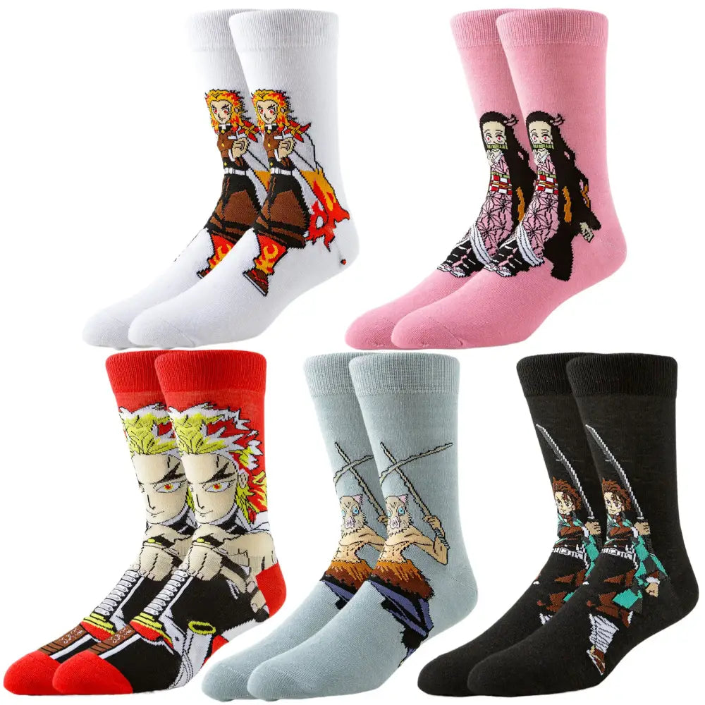 Set of five demon slayer cartoon anime crew socks in distinct colors featuring Tanjiro and other characters