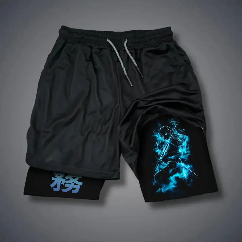 Black demon slayer gym shorts with glowing blue anime character design and light gray drawstrings quick dry double layer