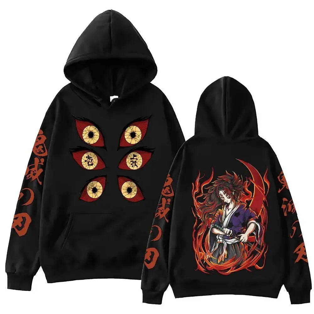 Black hooded sweatshirt featuring six red eyes on front and fiery-haired tanjiro kamado with orange japanese sleeves on back