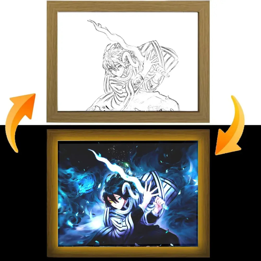 Wooden-framed demon slayer tanjiro anime illustration with blue and purple glowing led light frame decor