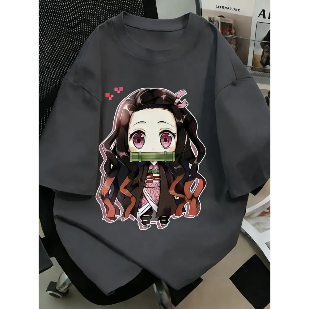 Dark gray plus size oversized demon slayer t-shirt with anime printed chibi nezuko kamado and bamboo gag design