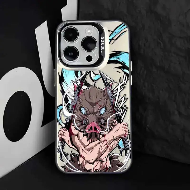 A vibrant demon slayer tanjiro phone case with a fierce muscular character holding swords on a cream background
