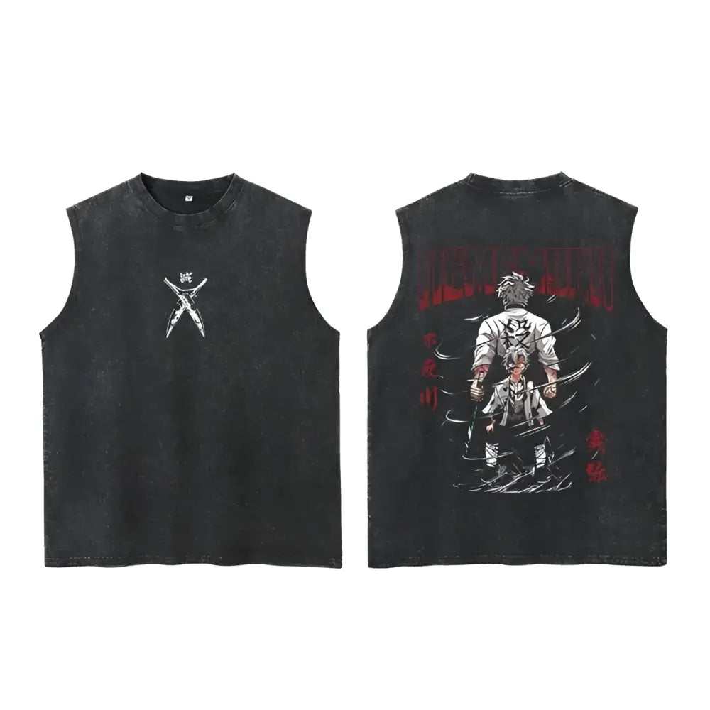 Black distressed sleeveless demon slayer tanjiro tank with anime artwork on back and small white logo on front