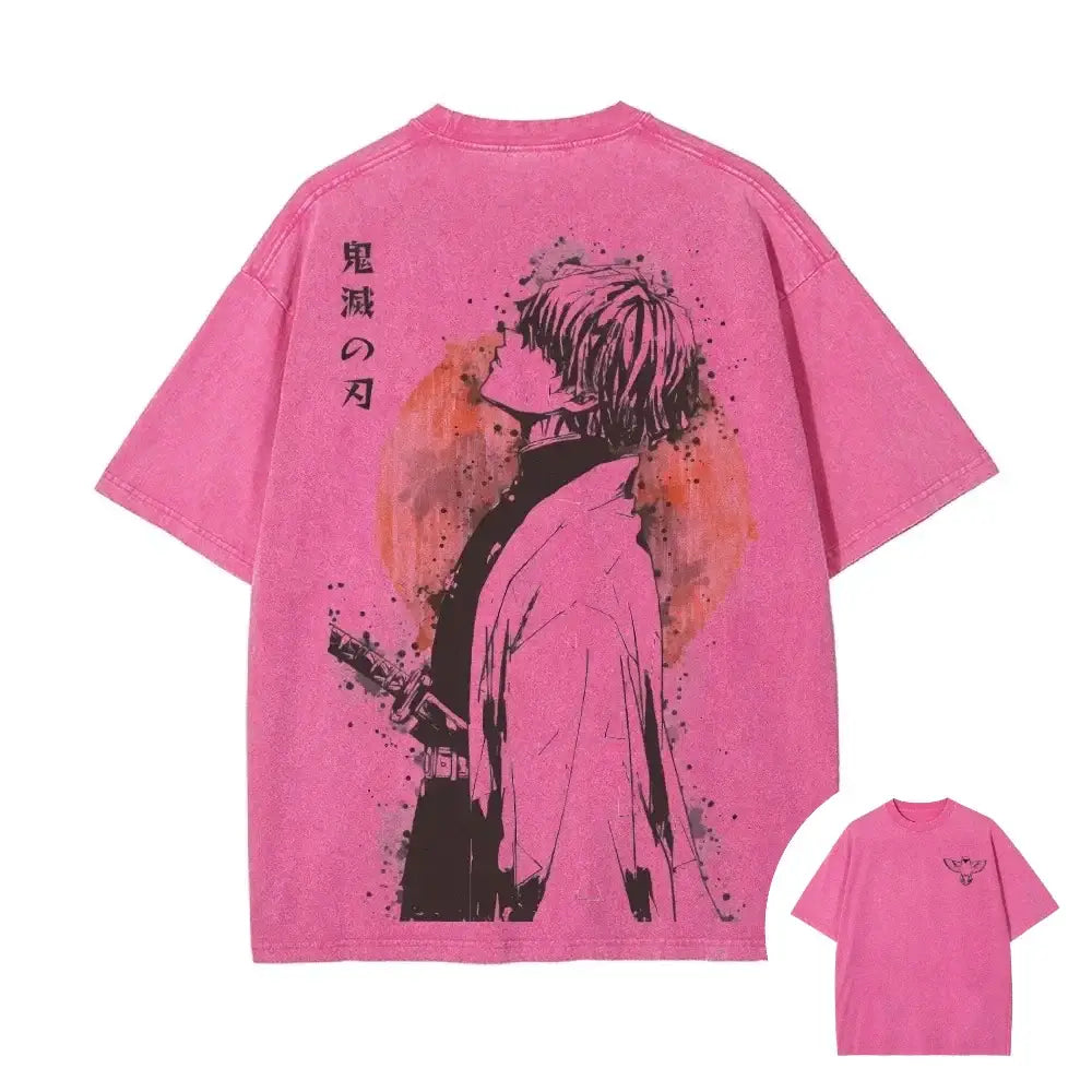 Back of pink oversized retro washed t-shirt featuring zenitsu agatsuma demon slayer illustration with japanese text