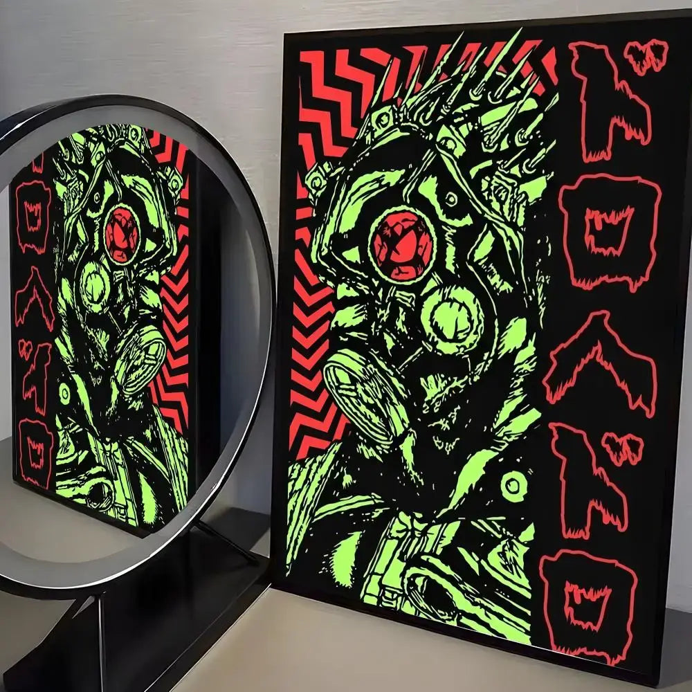 A striking dorohedoro minimalist pp paper wall art poster featuring neon green and red stylized figure with japanese characters