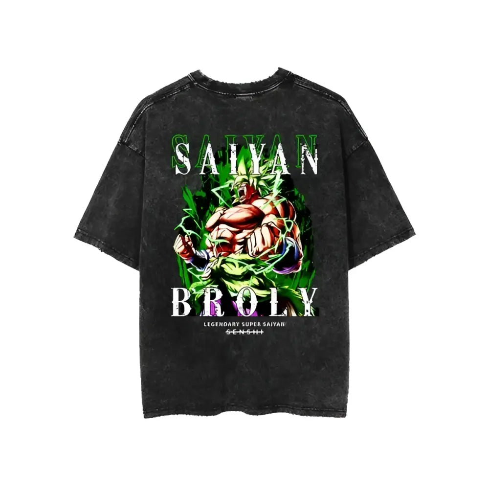 Black distressed cotton oversized t-shirt featuring vibrant green and red dragon ball broly illustration vintage washed