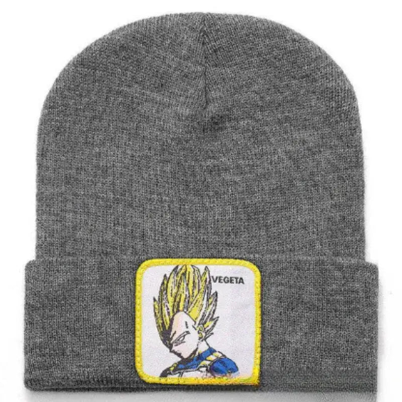 Gray acrylic knit beanie with yellow-bordered patch embroidered with vegeta from dragon ball z and dragon ball theme