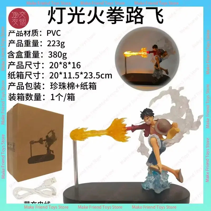 A pvc figurine of luffy from one piece with glowing orange flame effects featured in a dragon ball gogeta premium display lamp