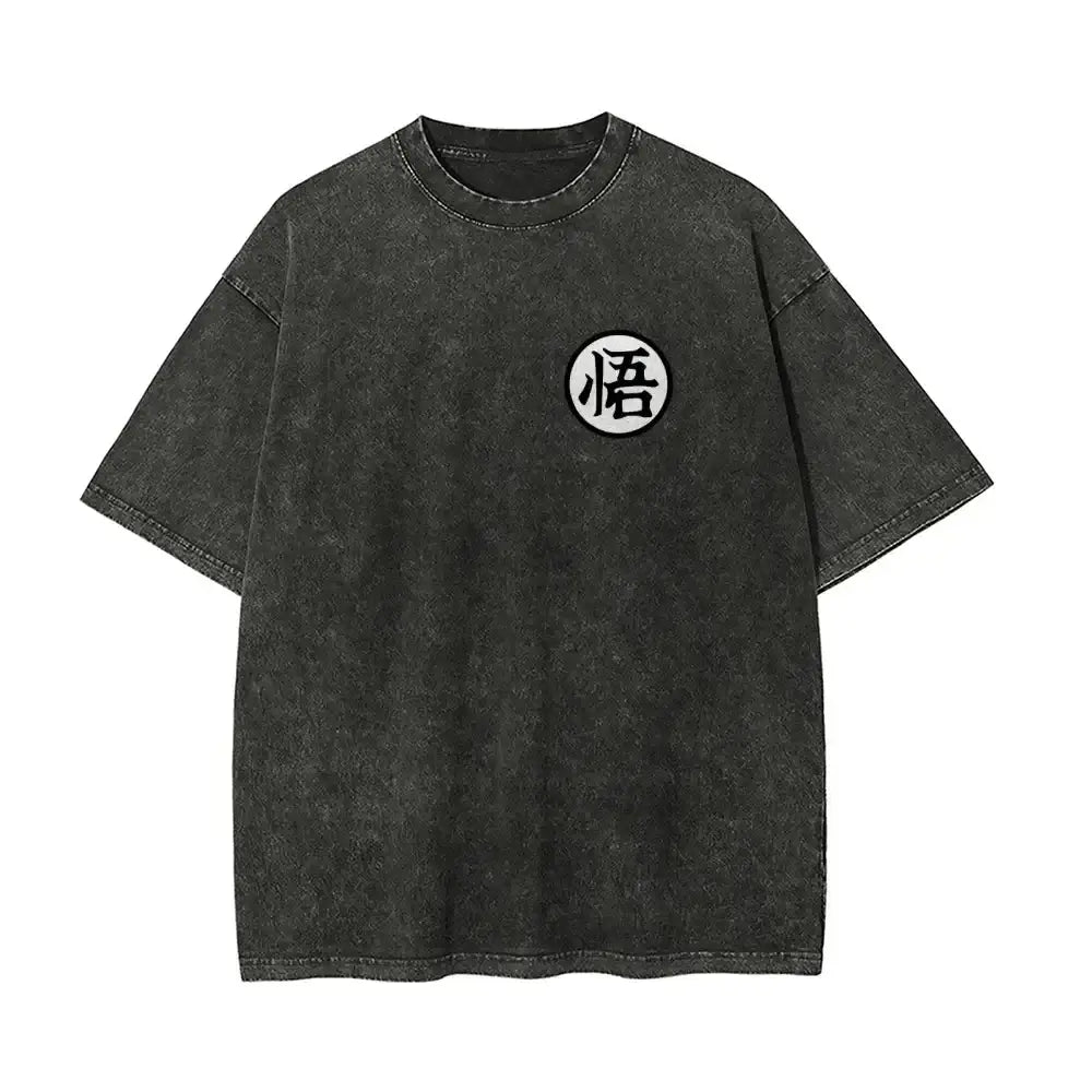 Dark gray faded dragon ball goku washed t-shirt with white patch and black chinese character made of soft cotton loose fit