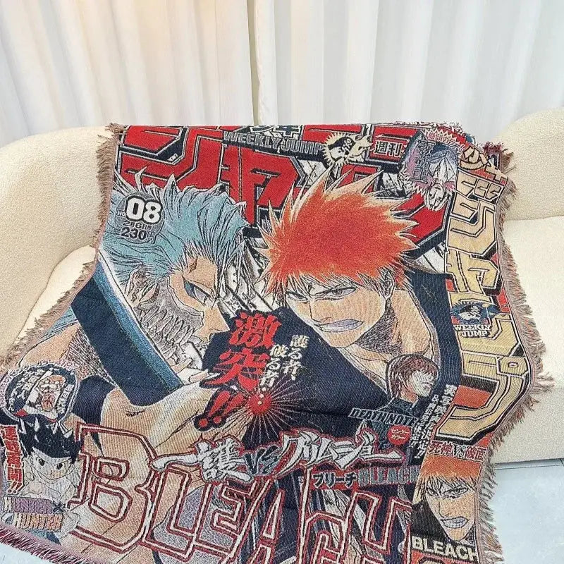 A vibrant dragon ball textile blanket in bold red and black featuring anime characters woven with cotton thread