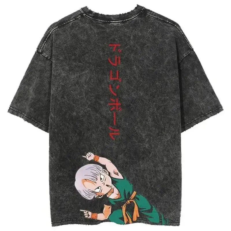 Black distressed cotton graphic tee featuring red japanese text and dragon ball trunks in green gi orange belt anime graphic