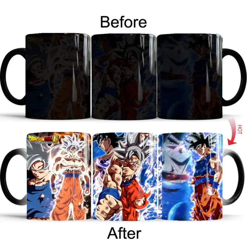 Black ceramic dragon ball z goku color changing mug revealing vibrant illustrations when warmed 400ml capacity