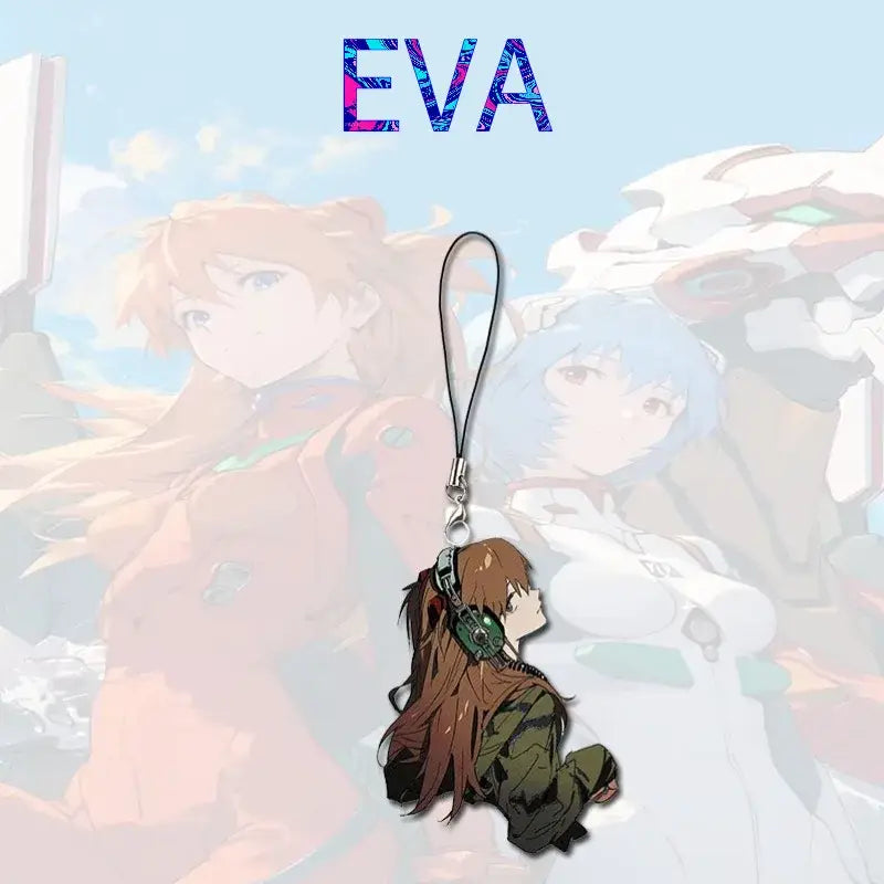 Brown-haired evangelion asuka ayanami phone chain charm with green headphones attached to black cord for bag or keys