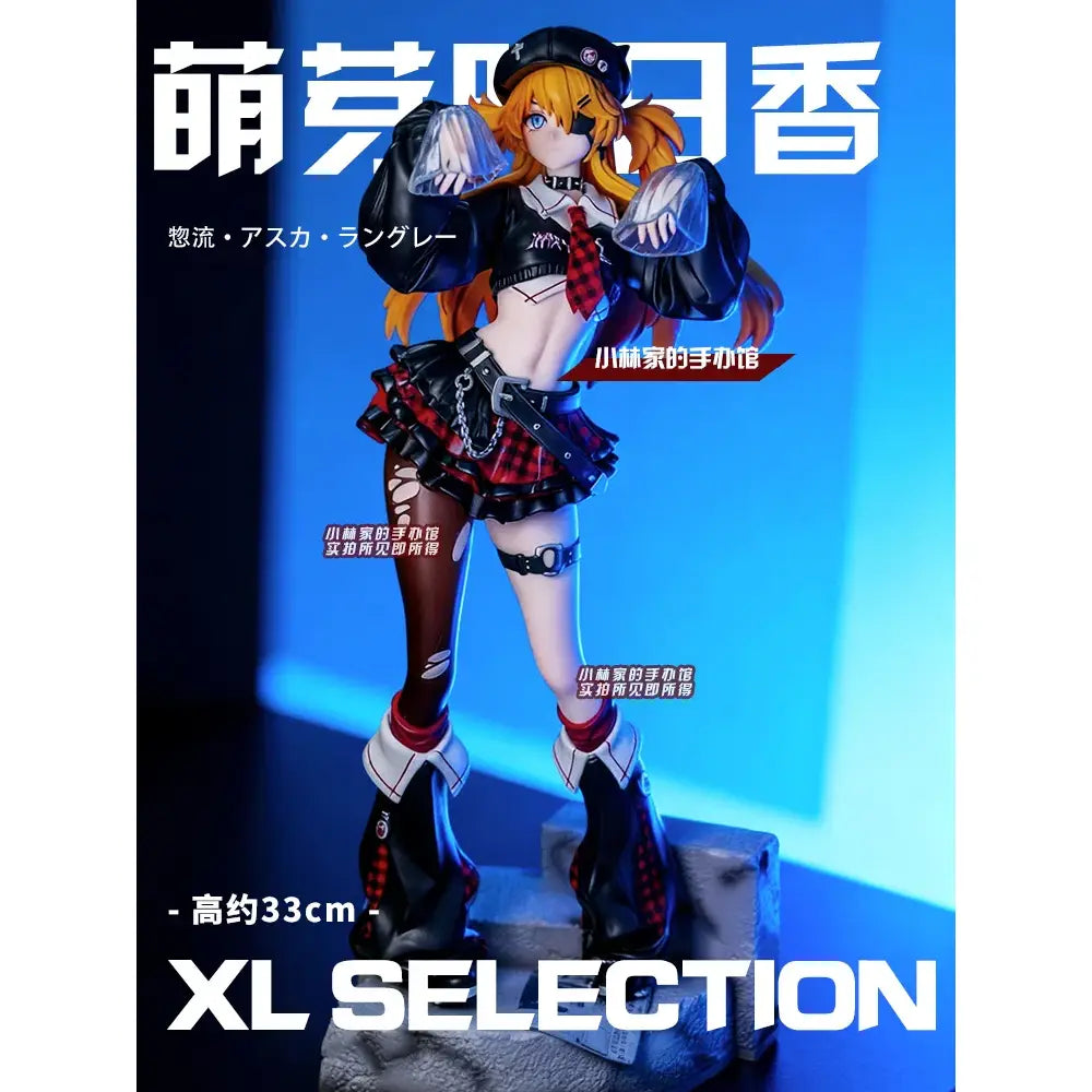 Detailed 33cm pvc statue of evangelion asuka gk figure with orange hair black and red plaid outfit and leather accents