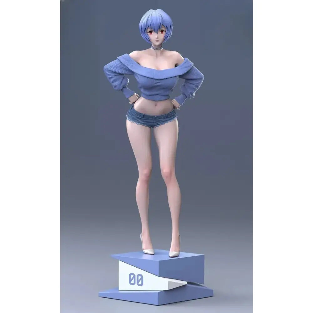 Blue-haired asuka langley soryu pvc statue wearing off-the-shoulder blue top and denim shorts on tiered base with 00 markings