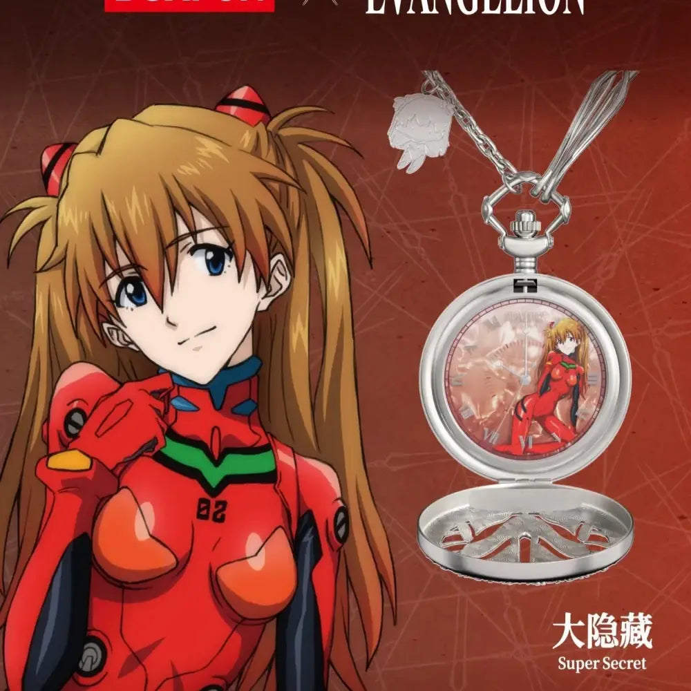 Silver pocket wrist watch featuring evangelion asuka in red unit-02 suit on face from blind box collectible