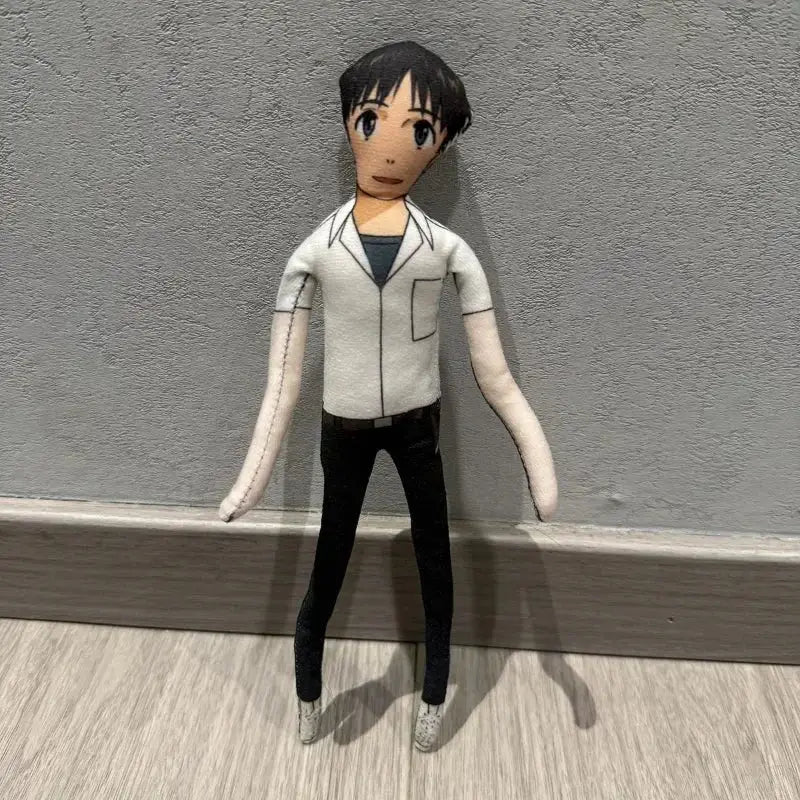 Evangelion ayanami rei plush doll with black hair wearing white jacket dark blue shirt and flexible wire for posing