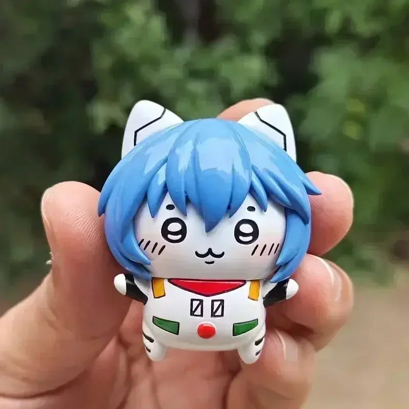 Cute chibi evangelion rei asuka pvc figure with blue hair cat ears and white outfit desktop ornament