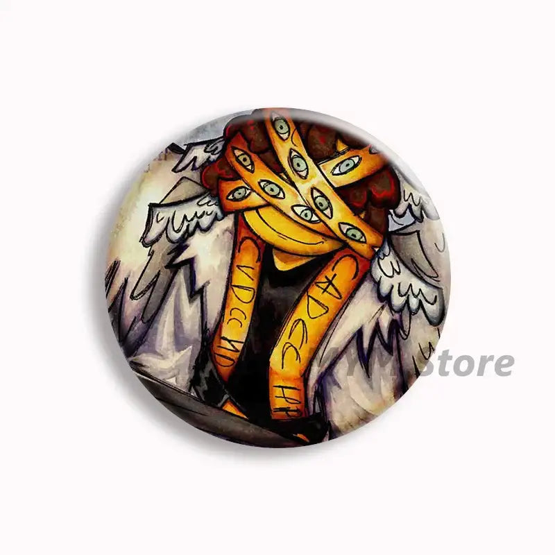 Circular glass button pin featuring a cartoon angel with white wings and an orange scarf for forsaken telamon fans