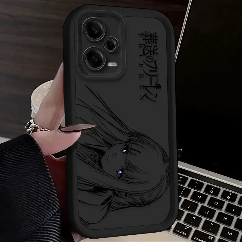 Black Frieren Fern phone case featuring detailed line-art anime character with long hair and glowing purple eyes back side