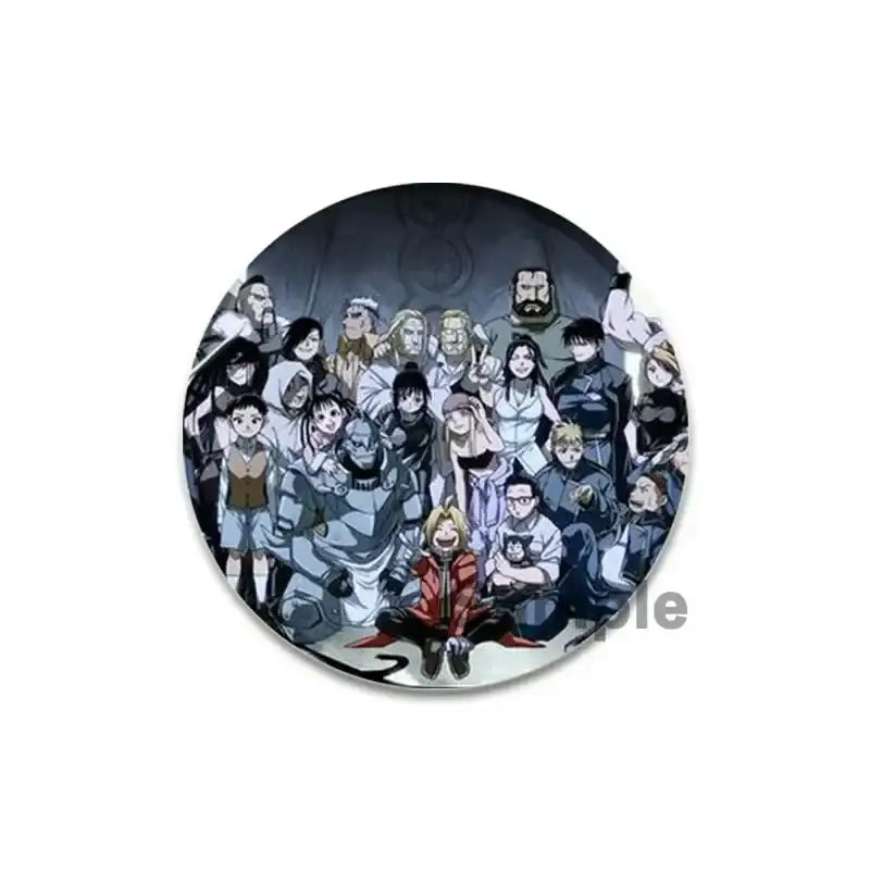 Circular fullmetal alchemist brooch pin featuring anime characters on a glossy 58mm enamel surface perfect for pin offers