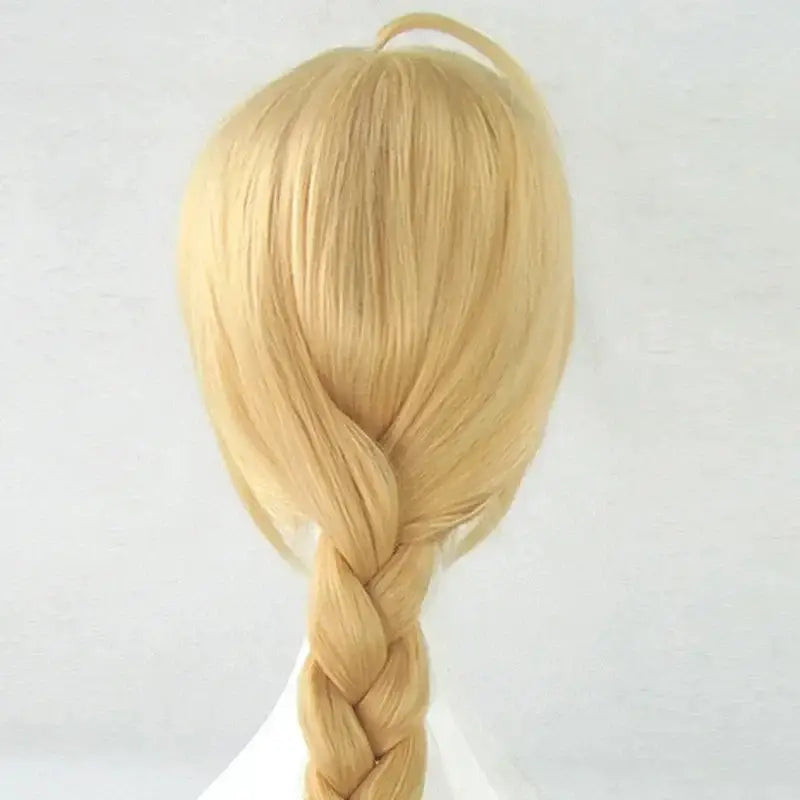 Back view of a blonde edward elric cosplay wig with a neat thick 55cm synthetic braid made from synthetic fibers