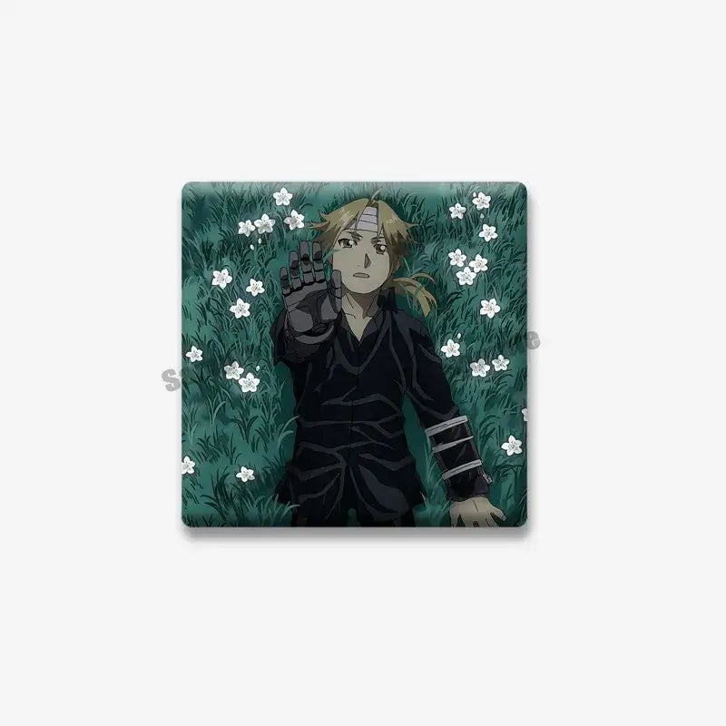 Fullmetal alchemist edward elric square pin lapel brooch featuring blonde figure in dark attire with white flowers