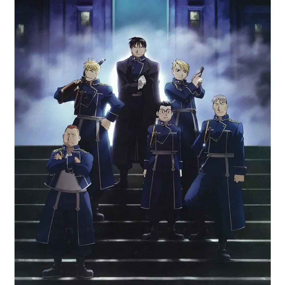 Six animated characters wearing fullmetal alchemist roy mustang cosplay uniforms in dark blue military-style coats stand on steps