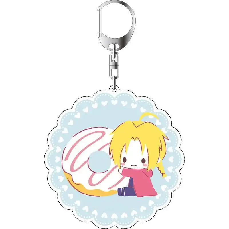 Cute translucent winry rockbell acrylic keychain with blonde chibi character hugging a pink donut on light blue lace