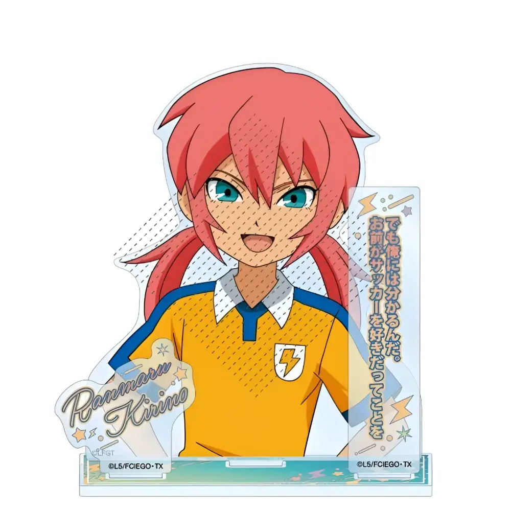Game inazuma eleven 11 acrylic stand featuring ranmaru kirino with red hair and blue eyes in yellow and blue jersey