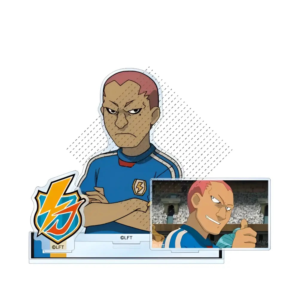 Game inazuma eleven 11 acrylic stand doll wearing blue and white striped soccer jersey with lightning bolt emblem