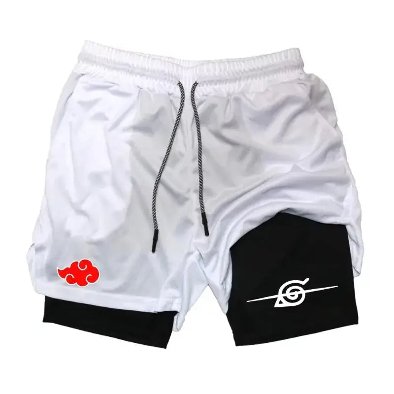 Ghost annihilation blade double layer shorts with red cloud and white spiral emblems feature quick-dry fabric and gray drawstrings