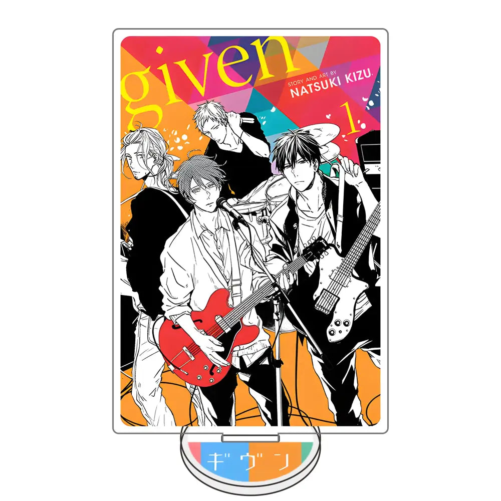 Colorful 15cm satou mafuyu acrylic stand featuring given anime characters with black-and-white design and electric guitars