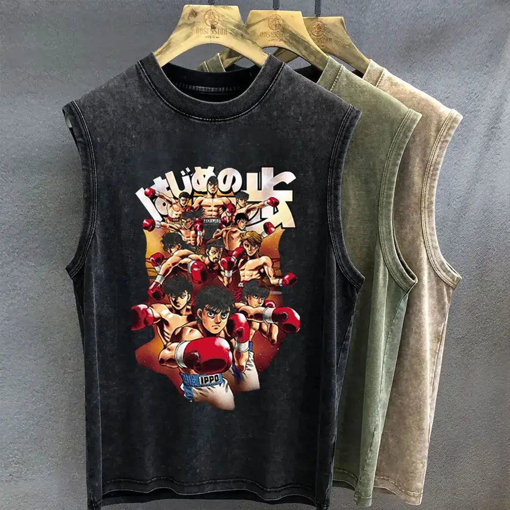 Black distressed sleeveless t-shirt with vintage wash featuring vibrant anime boxers and japanese text on front