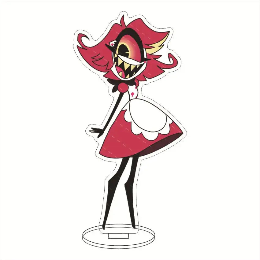 A red and white durable acrylic standee of hazbin hotel charlie morningstar with long hair and maid dress for desktop decor