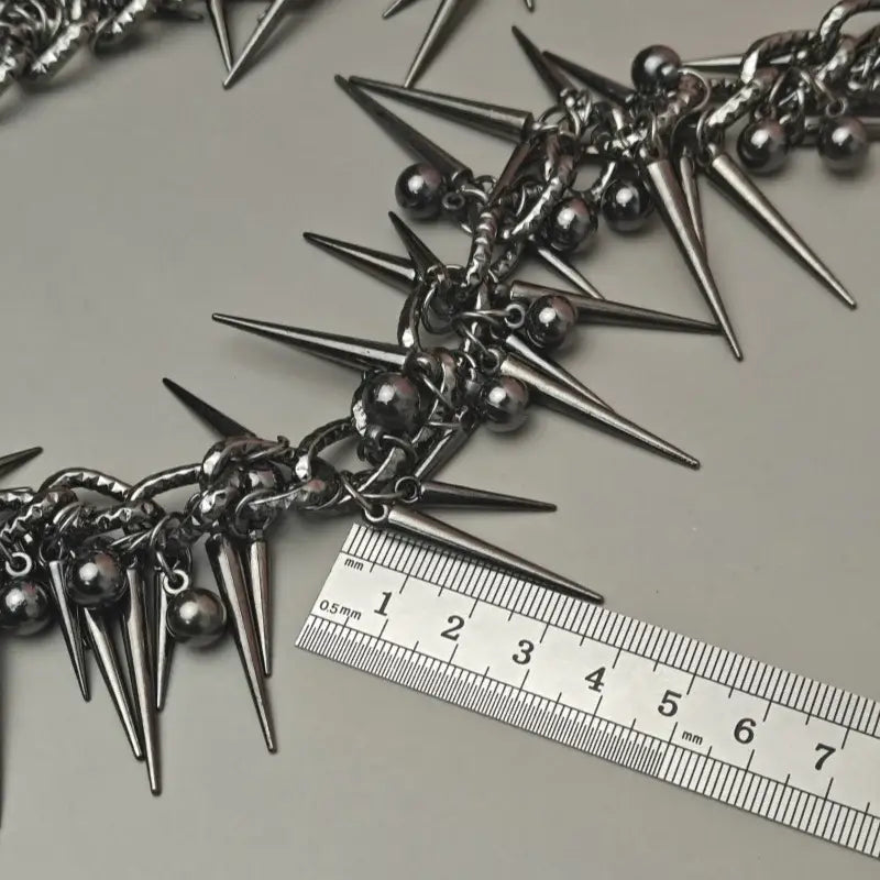 Black gun metal biker pants chain with sharp metallic spikes and small beads for hip-hop biker pants style