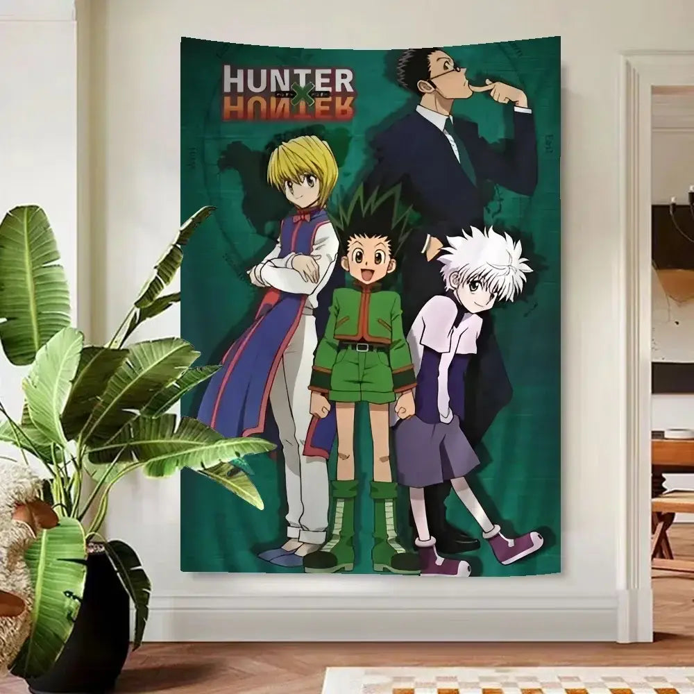 Green hunter x hunter anime wall tapestry featuring main characters in vibrant decor for hunter anime wall fans