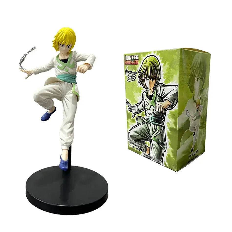 Hunter x hunter chrollo lucilfer pvc figure in white green outfit with yellow hair posed on black circular base