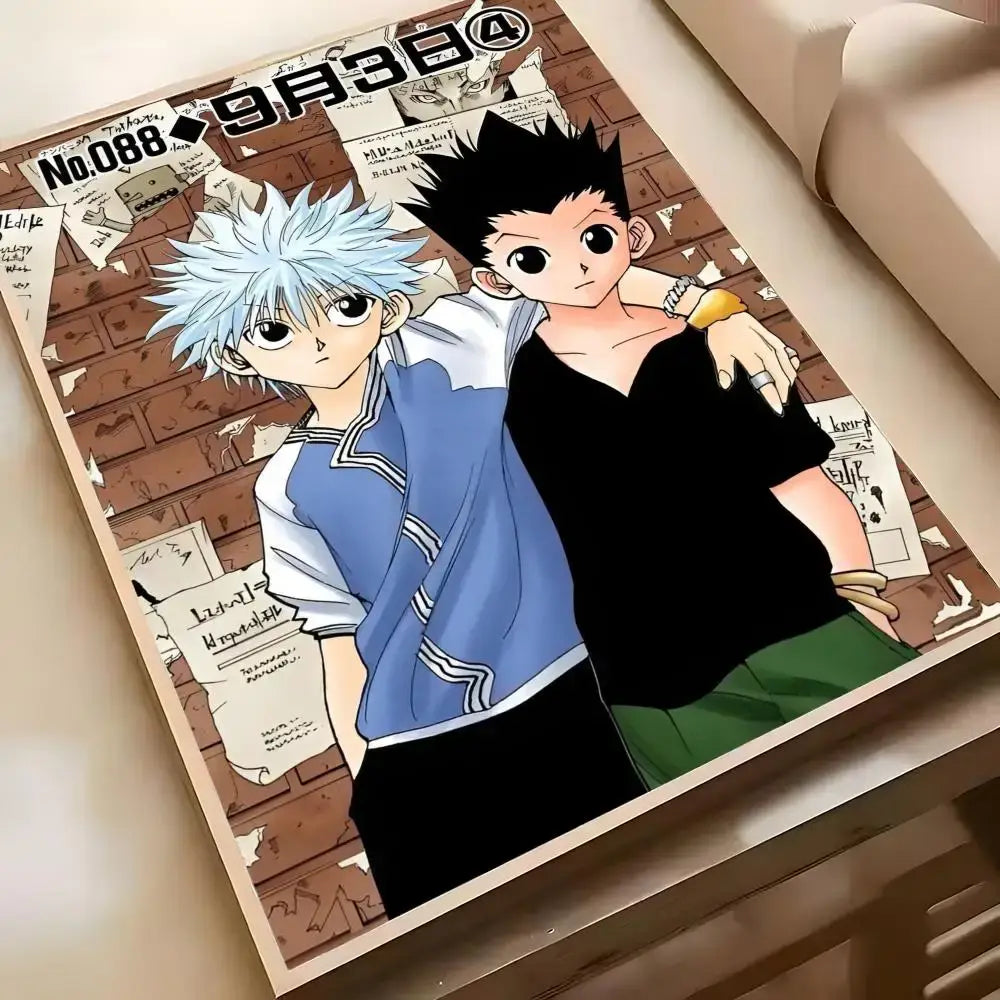 Rectangular framed hunter x hunter hisoka wall poster with two spiky anime characters on brick wall background waterproof hd self-adhesive