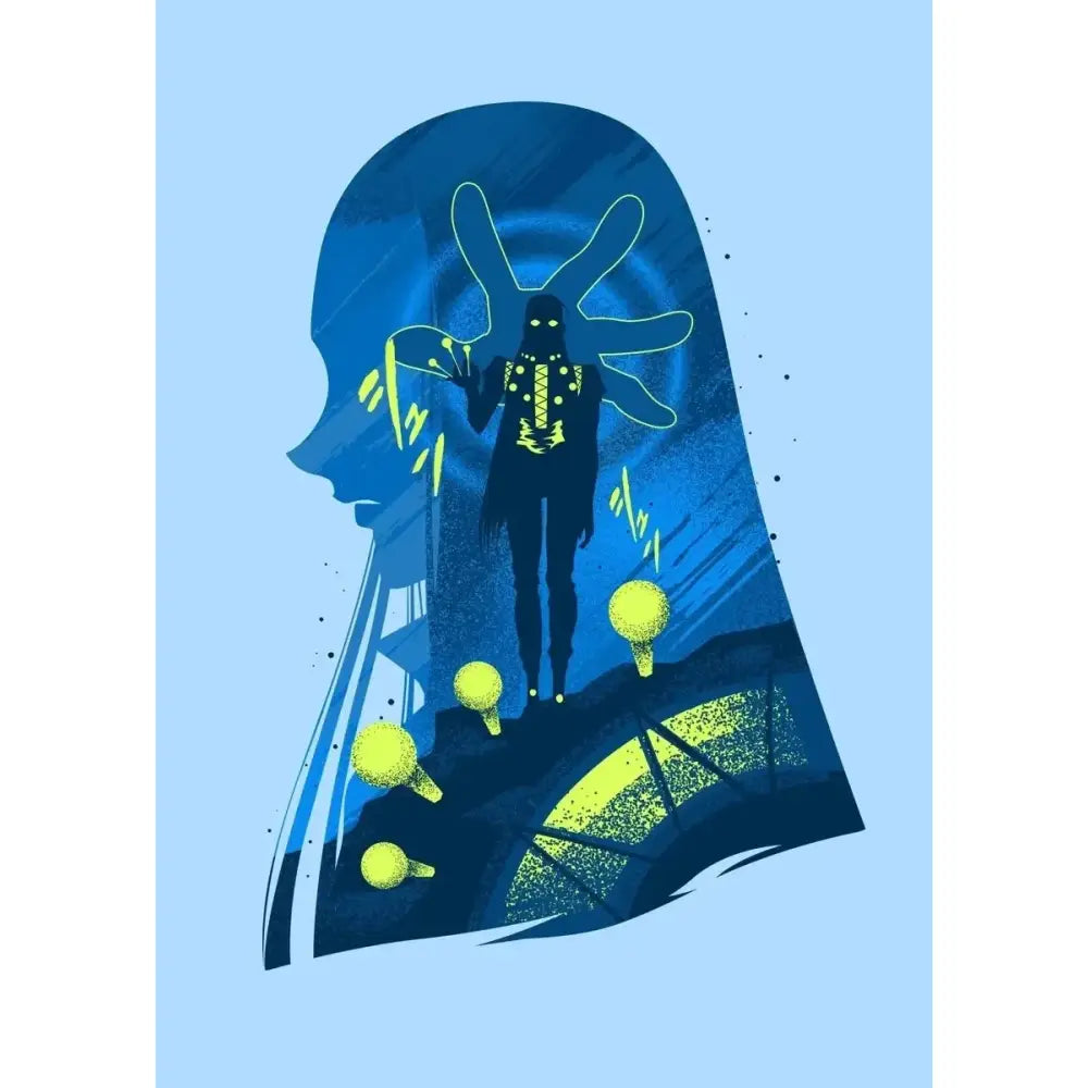 Stylized killua canvas poster with glowing yellow mechanical wings and lightbulbs on blue background for hunter x hunter fans