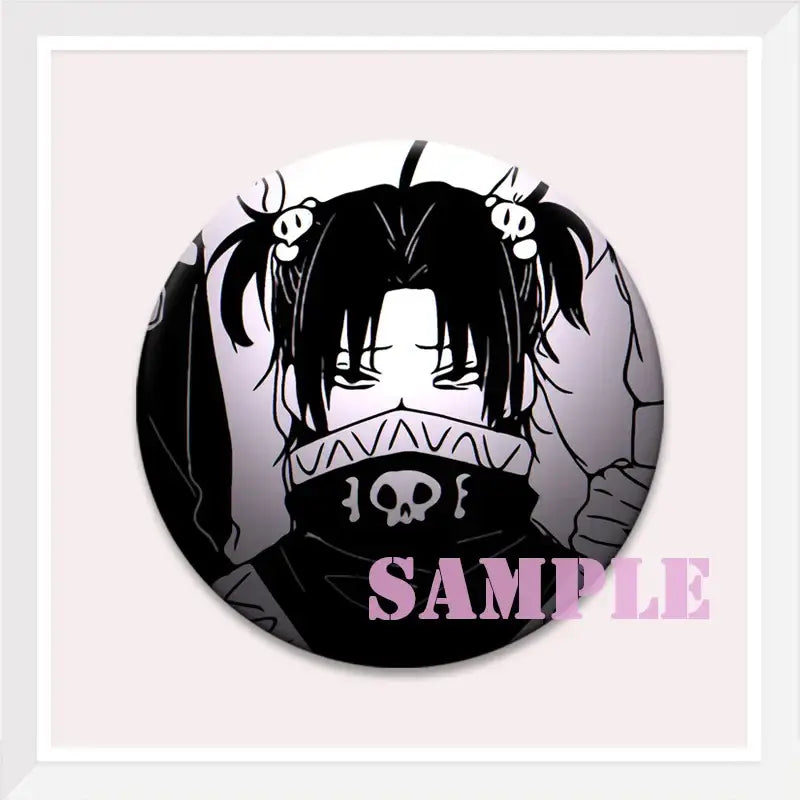 Black and white hunter x hunter kurapika brooch pin featuring stylized face with pigtails and skull scarf motif