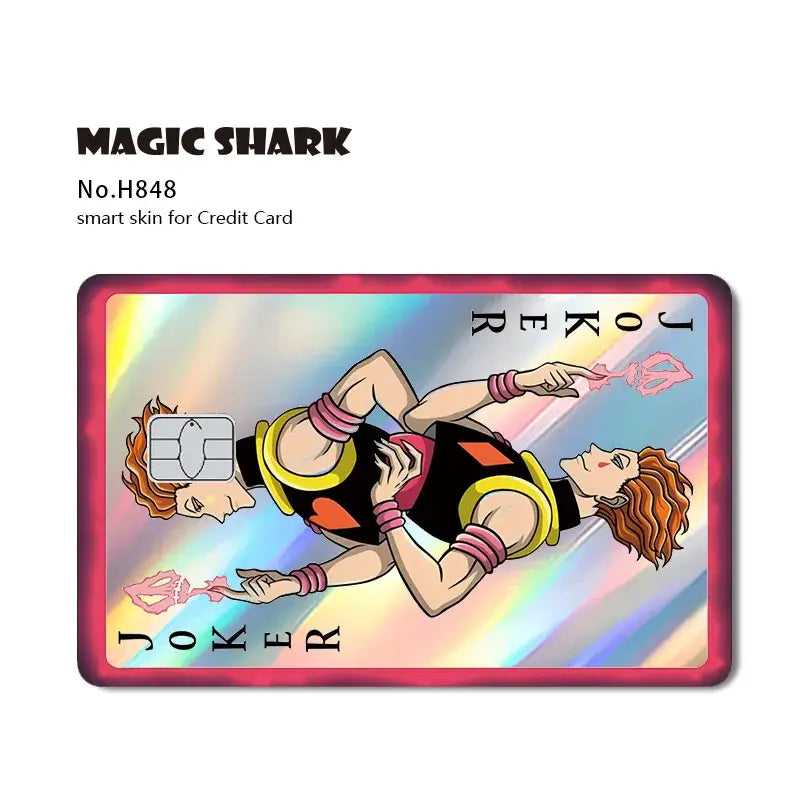 Hunter x hunter magic shark card skin with vibrant holographic laser featuring a dynamic joker in black yellow and pink