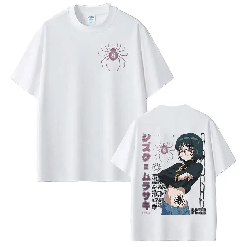 White cotton loose fit hunter x hunter t-shirt with purple spider and shizuku murasaki anime design and japanese text on back